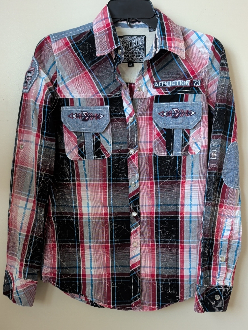 Affliction Plaid Pearl Snap Shirt XS | Red Black Blue Western Rock Boho